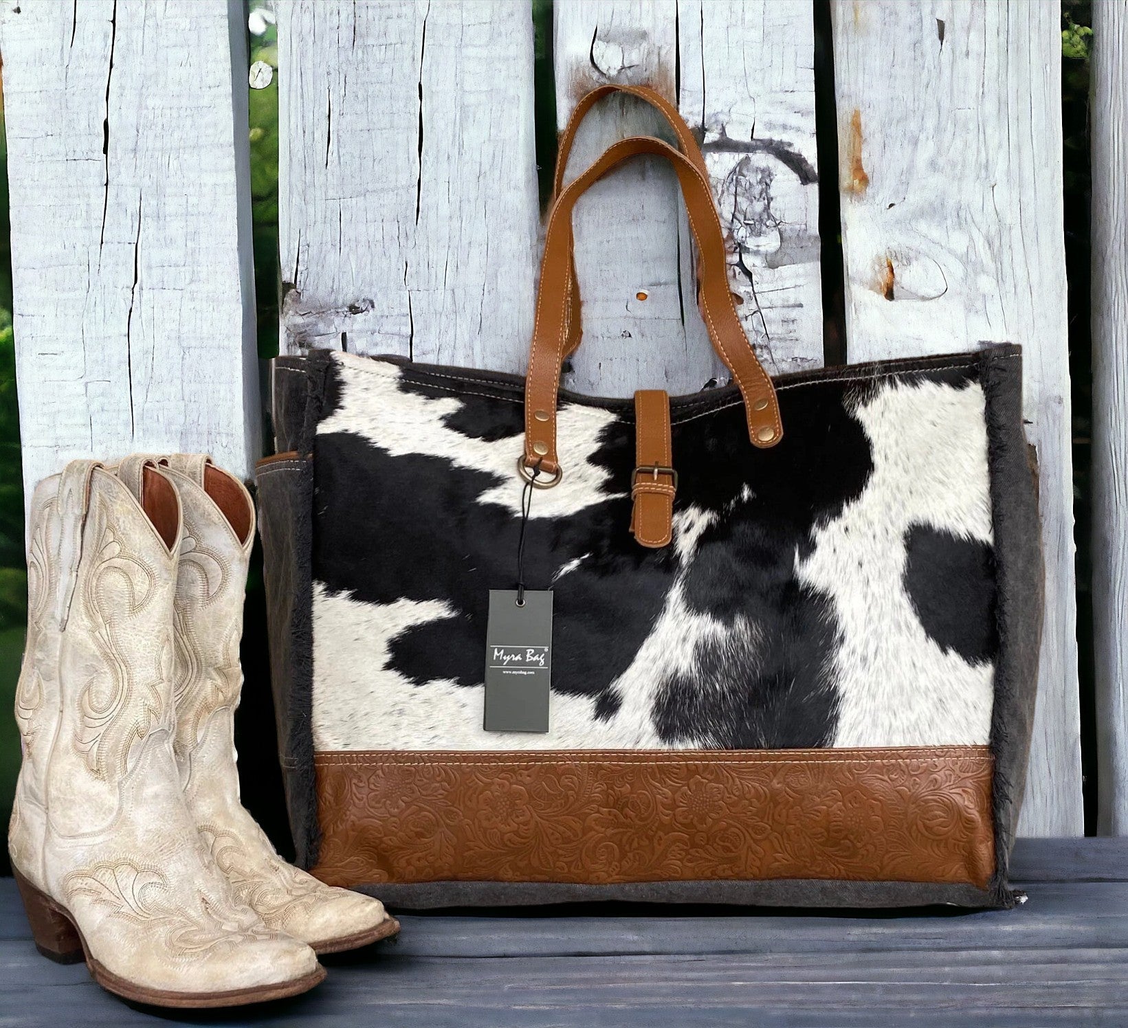 Myra Western Crossbody Purse & Wallet Set Leather store Cowhide Canvas