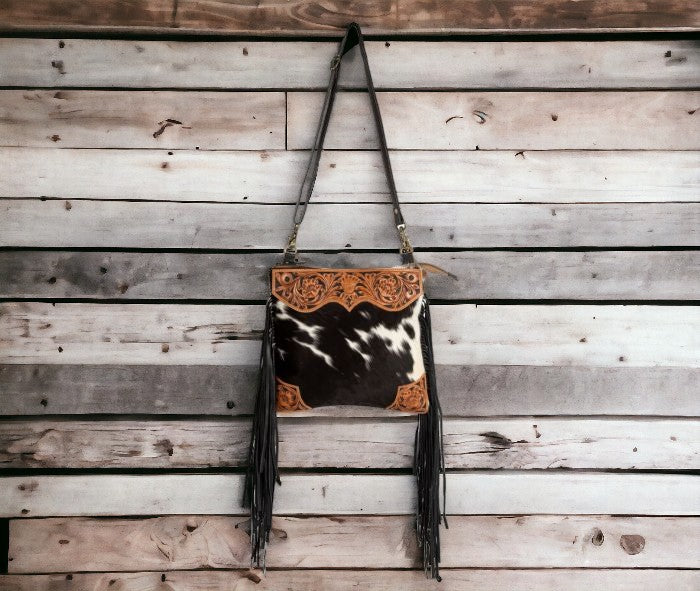 Myra Bag Tumbleweed Western Cowhide Crossbody Purse - Leather Fringe Cross Body Bag